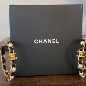 Chanel Gold, Leather and Faux Pearl Hoop Earrings